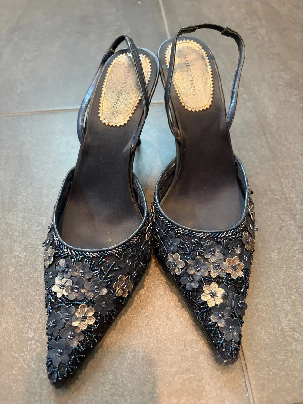 Valerie Stevens Navy Floral Beaded Pointed Slingback Heels